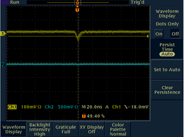 Oscilloscope screen with the trigger set so that it triggers on dark current.